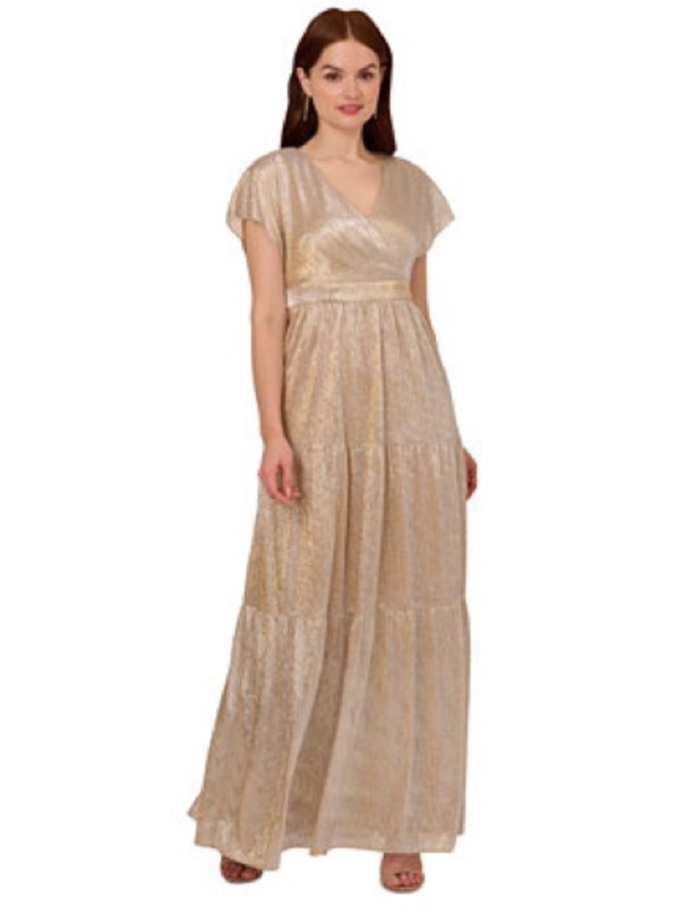 Adrianna Papell Gold Metallic Maxi Dress V Neck Flutter Sleeve Size 4 NWT
